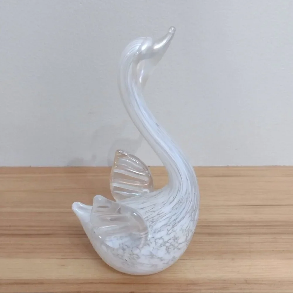 Vintage White Iridescent Lustre Spotted Swan Solid Glass Figurine Paperweight